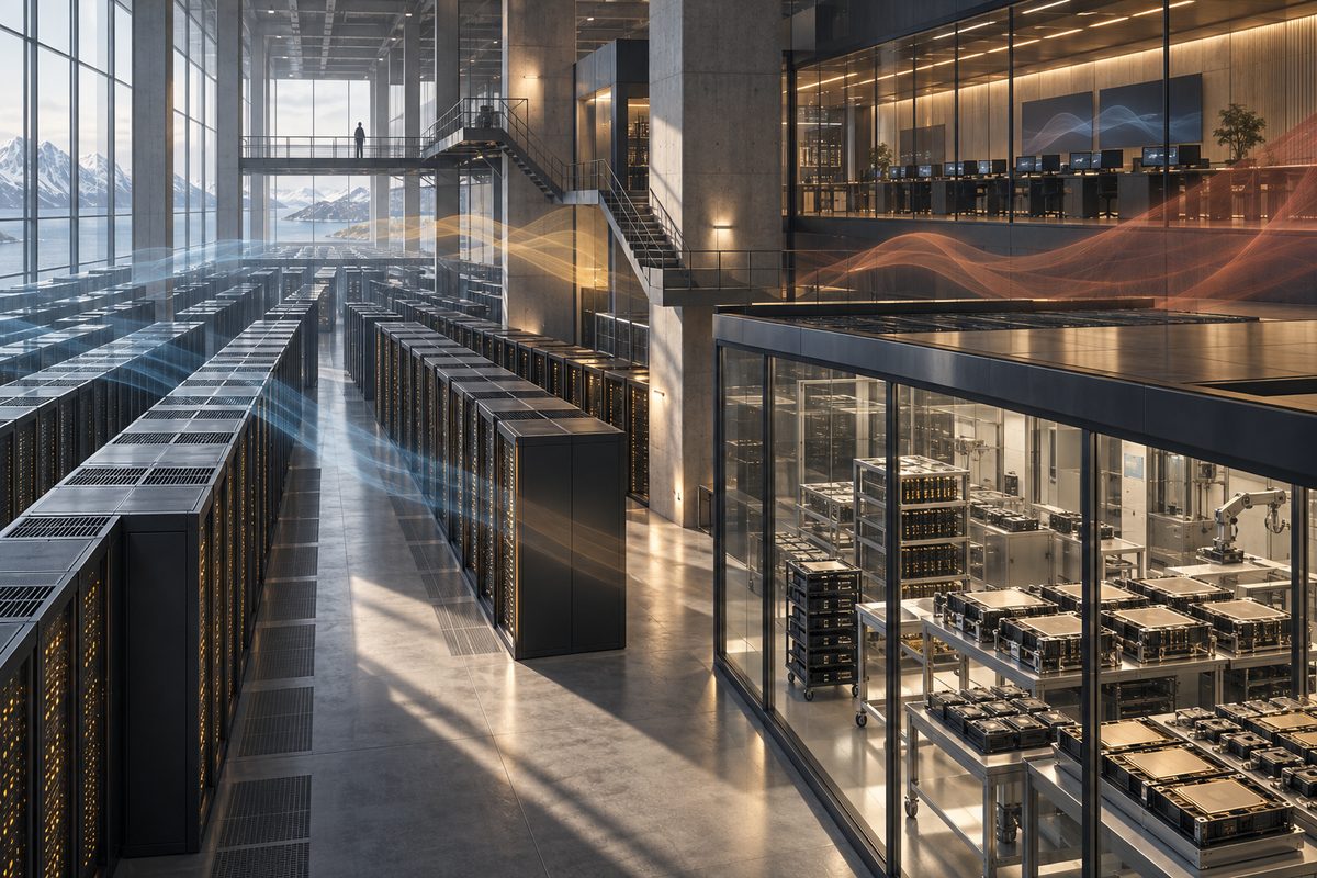 Stor serverhall med rader av datamaskiner, glassrom med brikker, gangbroer og bølgende blå og gylne lysformer.