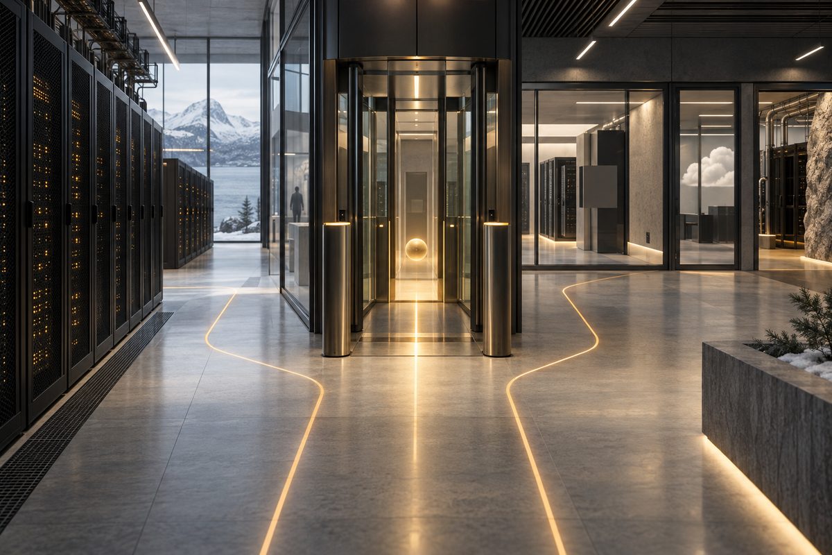 En glassinnrammet sikkerhetssluse lyser gyllent mellom mørke serverrack, med et nordisk fjellandskap synlig gjennom vinduene.
