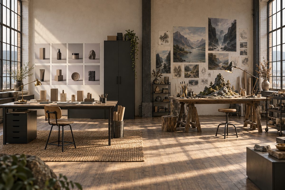 Et lyst atelier har emballasje og produktbilder på den ene siden, og en fjellmodell med landskapsskisser på den andre.