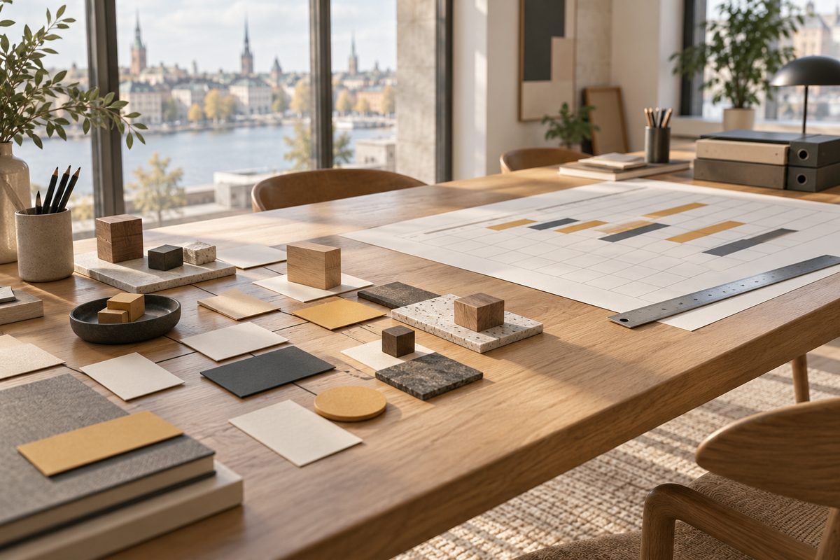 Et prosjektstudio med løse fargekort og små klosser ved siden av et stort tidsplanrutenett med fargede felt.