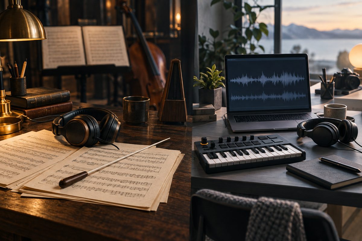Et komponistbord med noter og hodetelefoner står side om side med en laptop med lydbølger og et kompakt MIDI-keyboard.