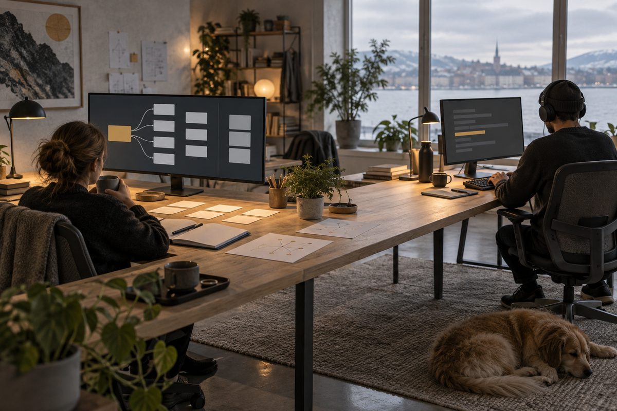 Et langt skrivebord i et nordisk kontor viser oppgavekort og flytdiagrammer ved siden av en konsentrert terminalplass.