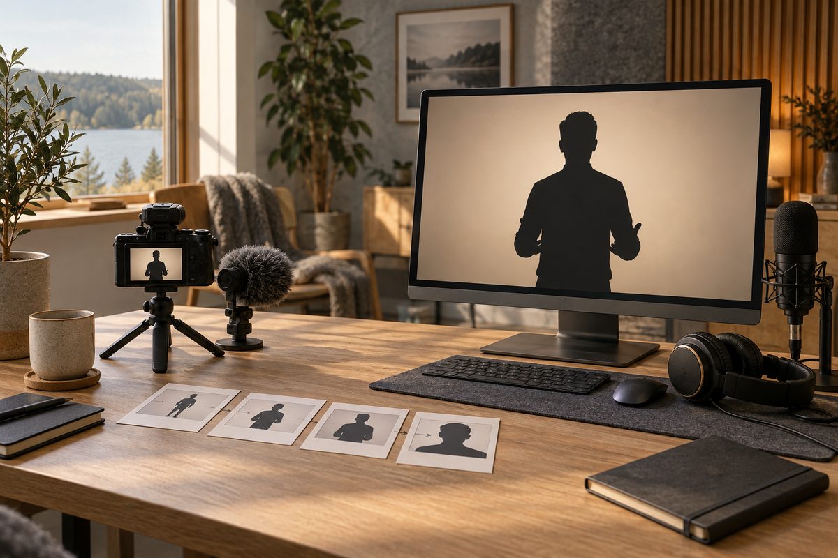 Kamera og storyboardkort ved siden av en skjerm med presentersilhuett, mikrofon og hodetelefoner på et lyst trebord.