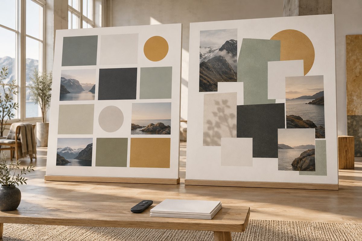 To store tavler viser ulike lysbildestiler: et stramt rutenett med fargeflater ved siden av en fri collage av nordiske landskapsfoto.