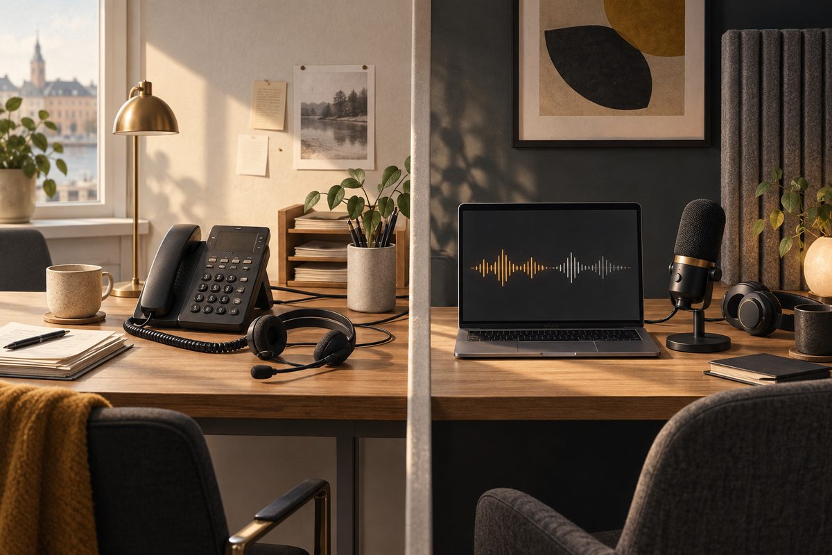 To arbeidsplasser står side om side: en klassisk telefon med headset og en laptop med lydkurve, mikrofon og hodetelefoner.