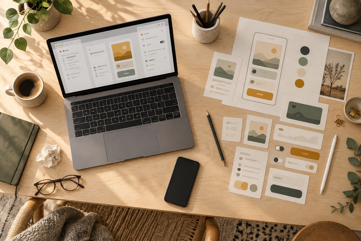 Et utviklerbord sett ovenfra viser en laptop med abstrakt appvisning ved siden av løse UI-kort, fargeprøver, blyant og stylus.
