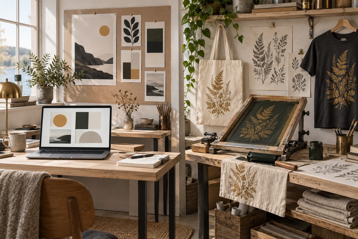 En bærbar datamaskin med grafiske oppsett står ved siden av en trykkramme, botaniske skisser og tekstiler med plantemønster.