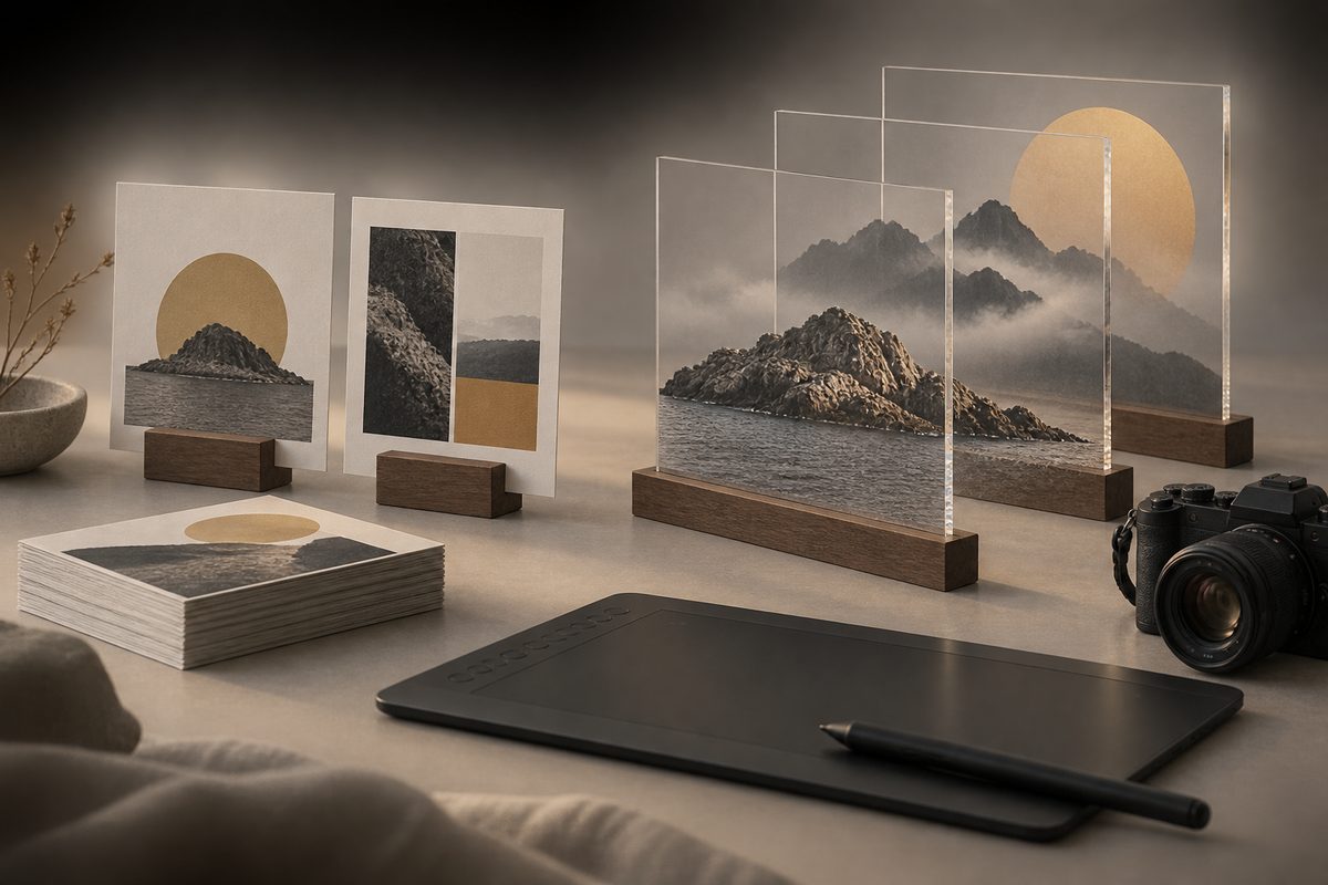 Grafiske kort står ved siden av gjennomsiktige plater med lagdelte fjellmotiver, et kamera og et tegnebrett med penn.