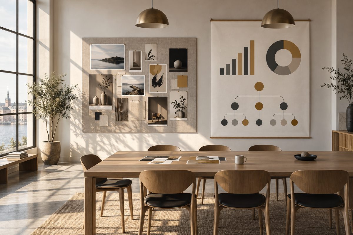 Et lyst møterom har en tavle med fotografier ved siden av en stor plakat med søyler, ringdiagram og forgrenede forbindelser.
