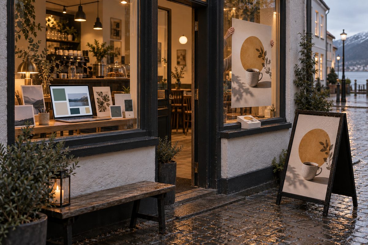 En kafé har datamaskin og designprøver i vinduet, mens hender holder opp en kaffeplakat ved siden av flygeblader og et gateskilt.