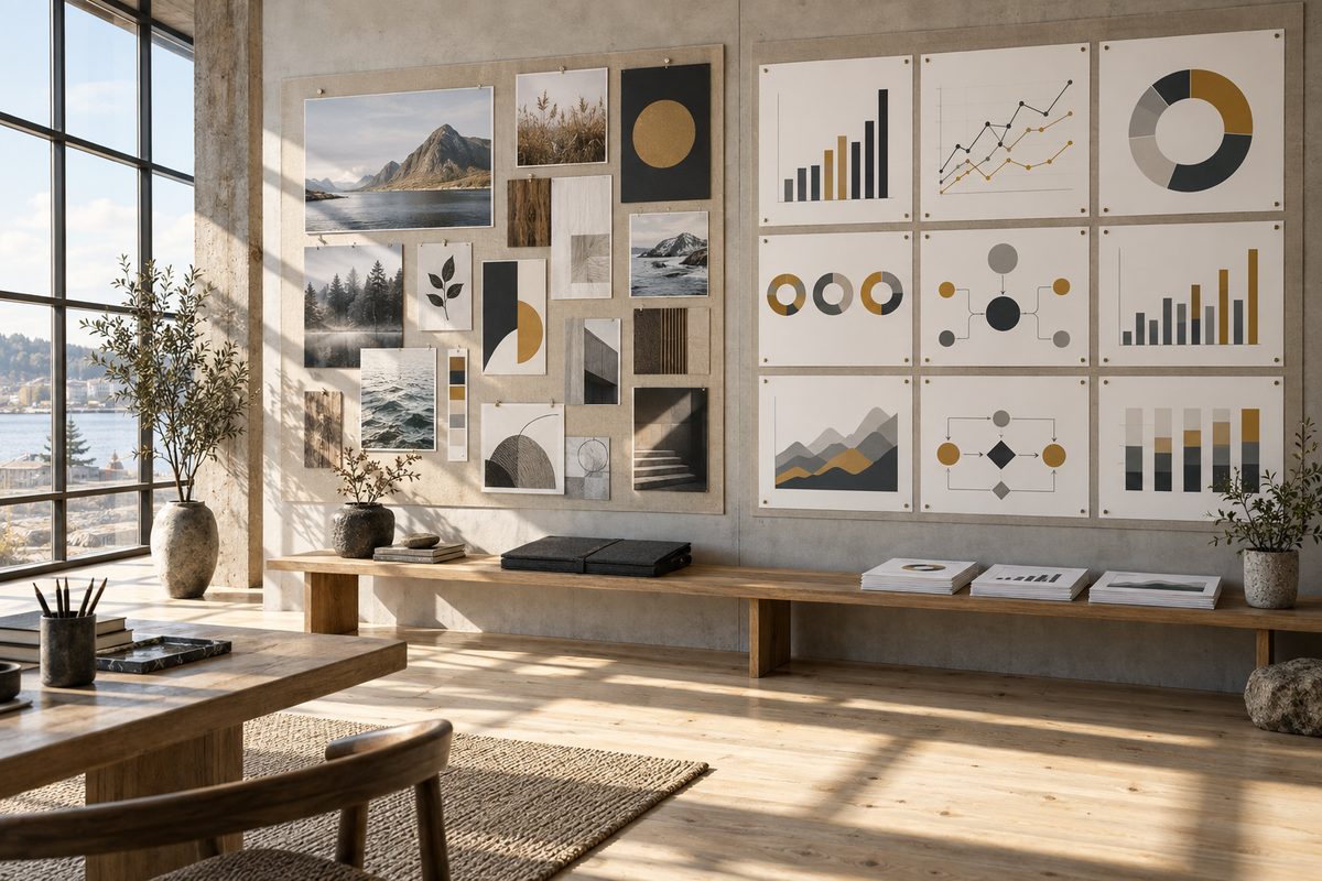Et lyst designstudio har landskapsbilder og grafiske utkast på én veggtavle og ordnede diagrammer på tavlen ved siden av.