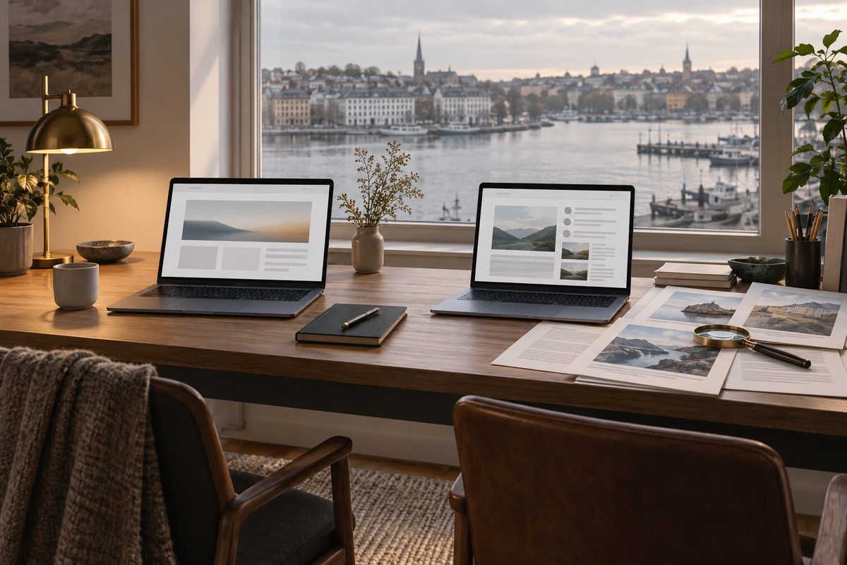 To åpne laptoper står side om side ved et havnevindu, med en notatbok, kildesider og lupe på skrivebordet.