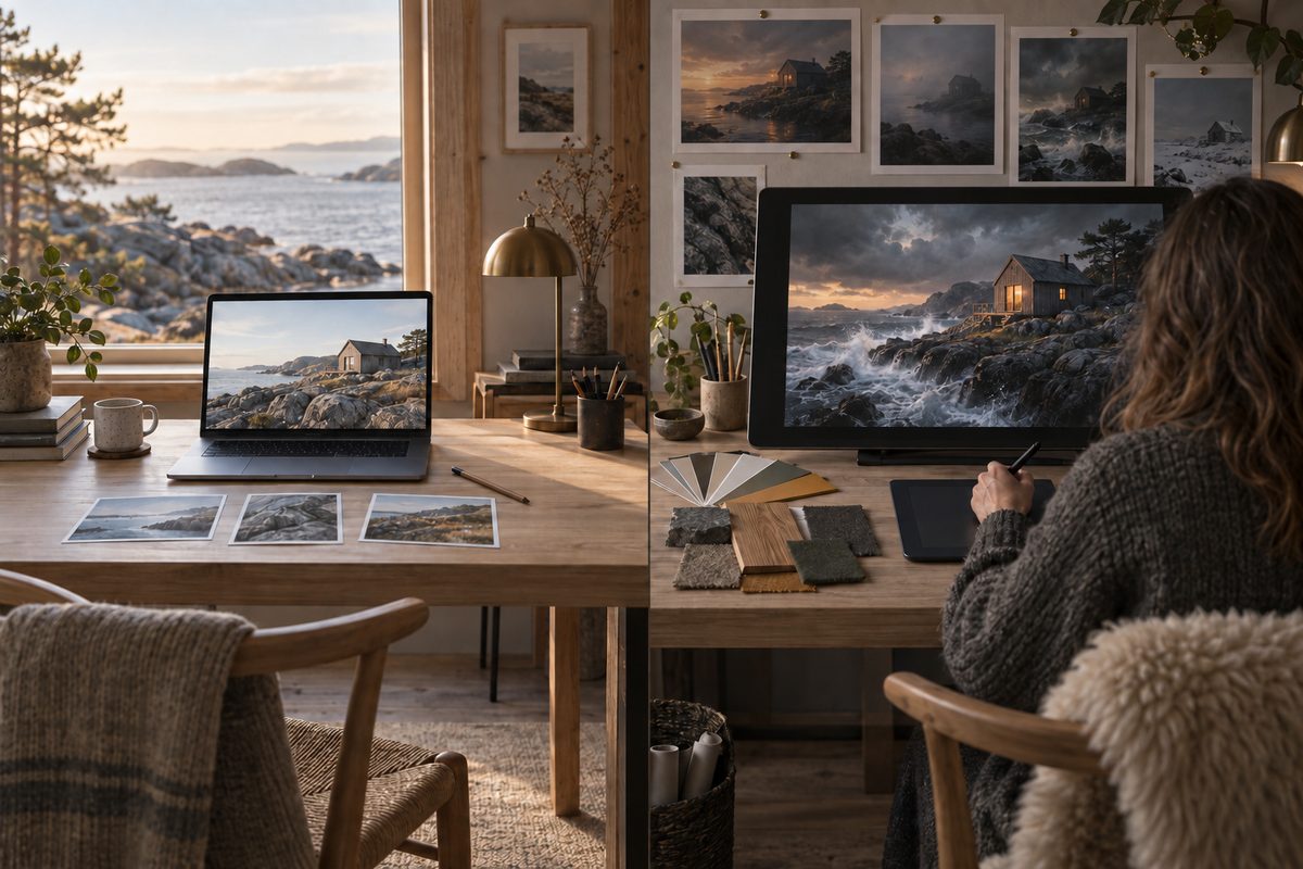 En enkel bærbar PC og en tegneskjerm viser kysthytter, mens en designer sett bakfra arbeider med penn og materialprøver.