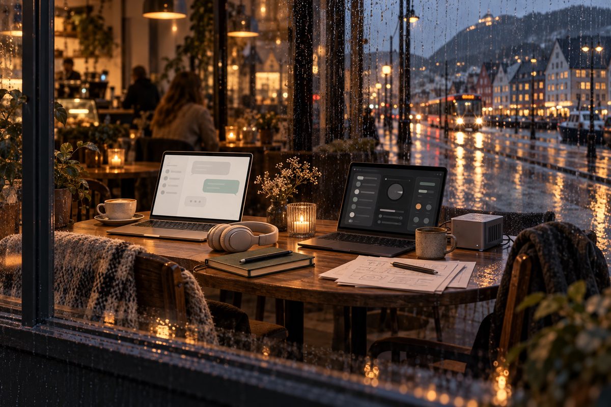 To laptoper med ulike abstrakte assistentvisninger står på kafébord ved regnvindu, med hodetelefoner, notatbok og norsk bylys i bakgrunnen.