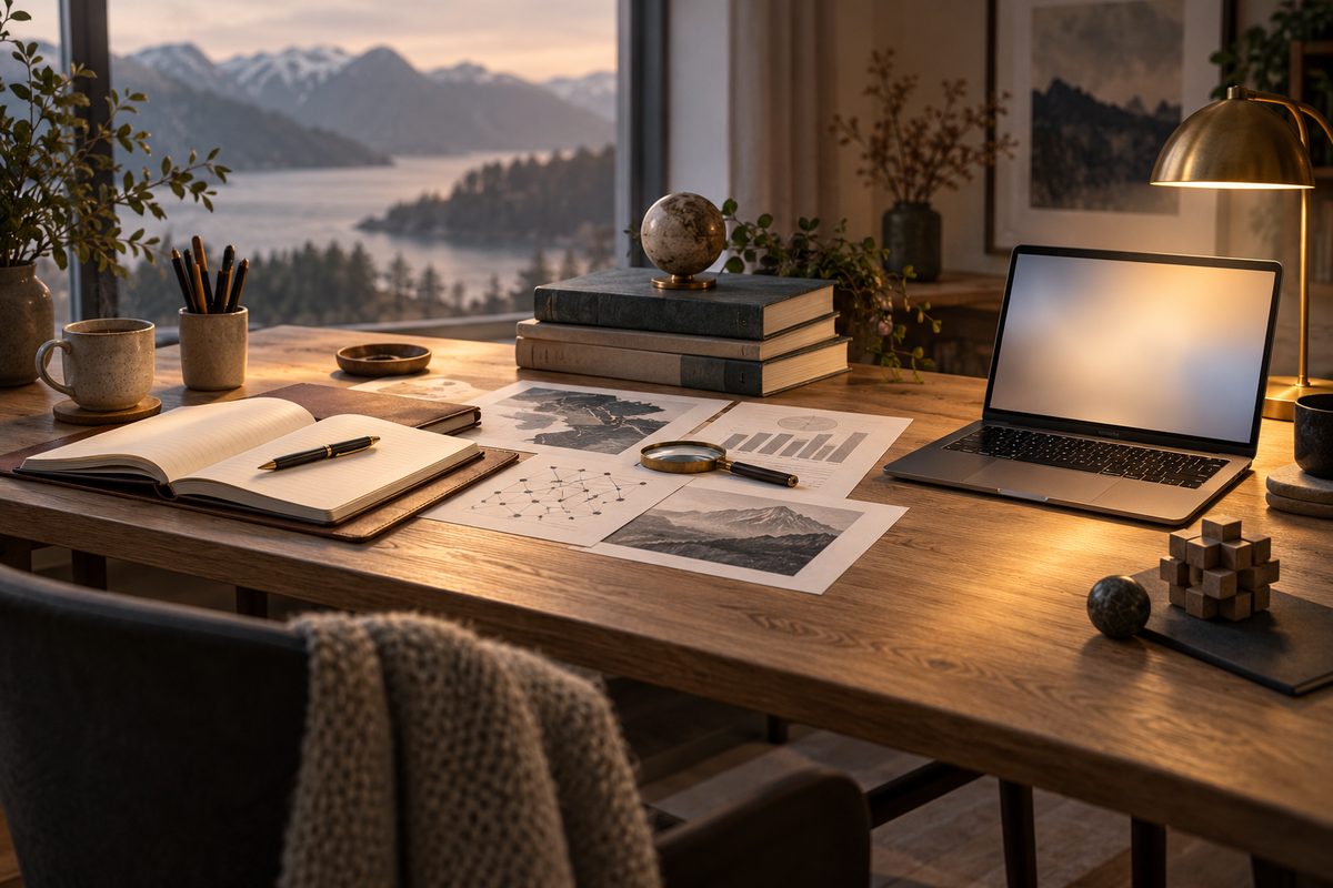 Et skrivebord ved et nordisk vindu samler åpen notatbok, bøker, diagramark og en bærbar PC med blank skjerm i varmt lys.