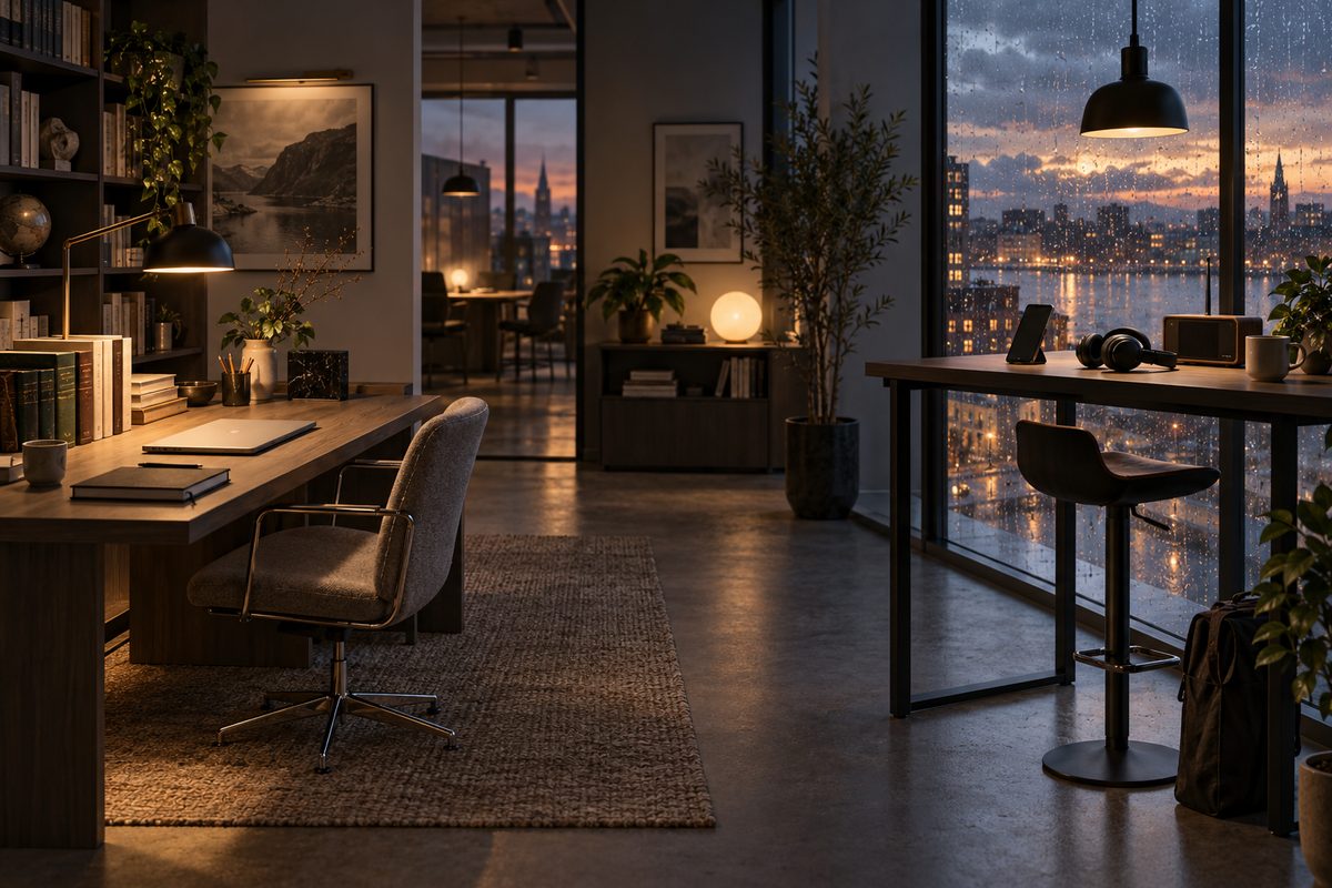 To arbeidsstasjoner står i skumringslys: bøker og lukket notatbok til venstre, mobil, hodetelefoner og regnfull byutsikt til høyre.