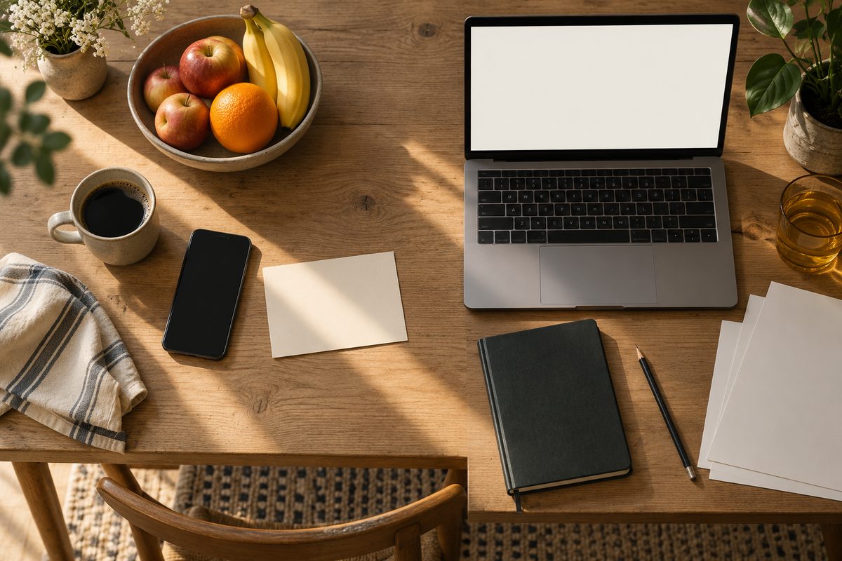 Sett ovenfra viser et kjøkkenbord med mobil, kaffe og frukt ved siden av en blank laptop, lukket notatbok og rene ark.