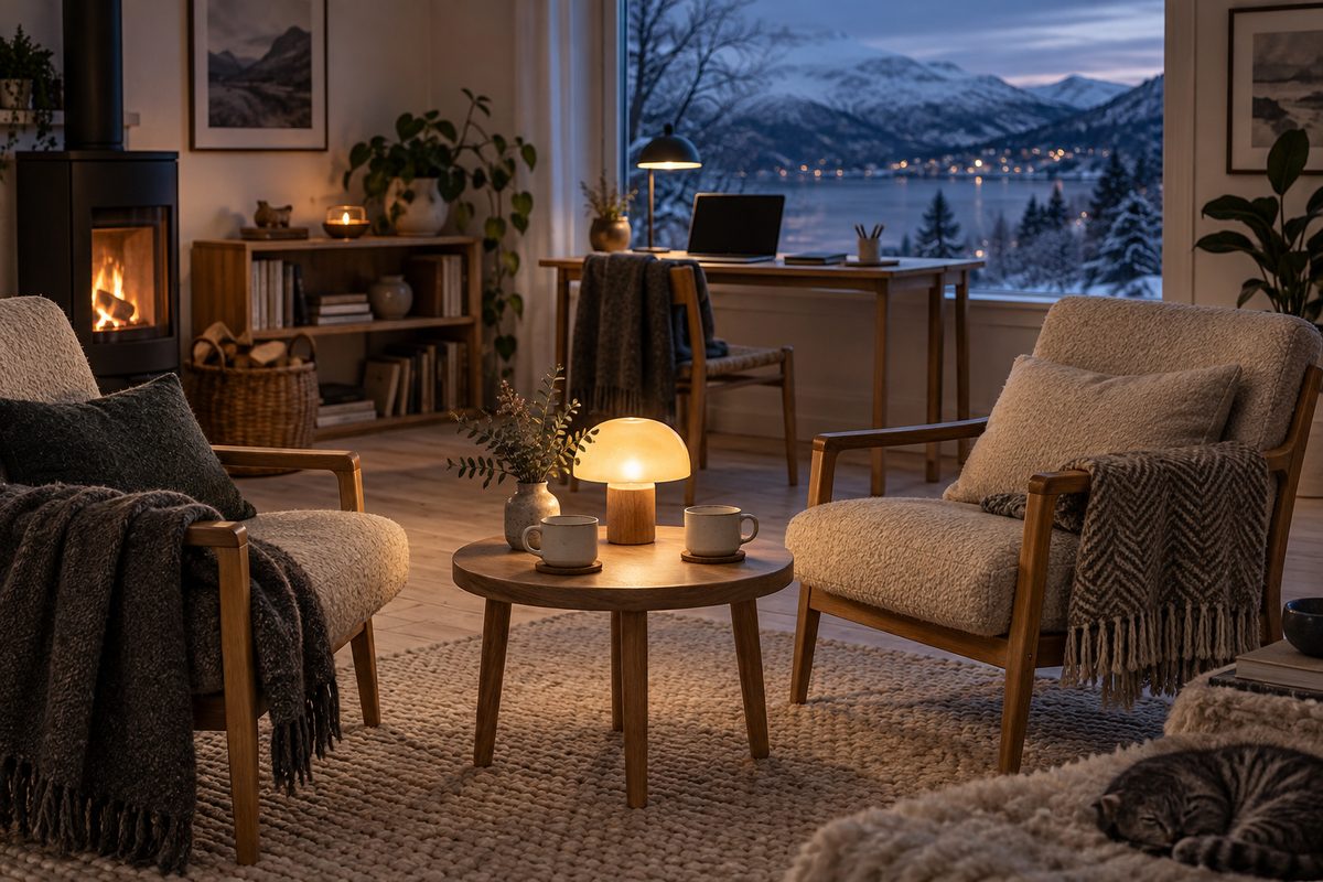 To lenestoler og tekopper står ved en varm lampe, mens en laptop i arbeidskroken vender mot et vinterlig fjordlandskap.