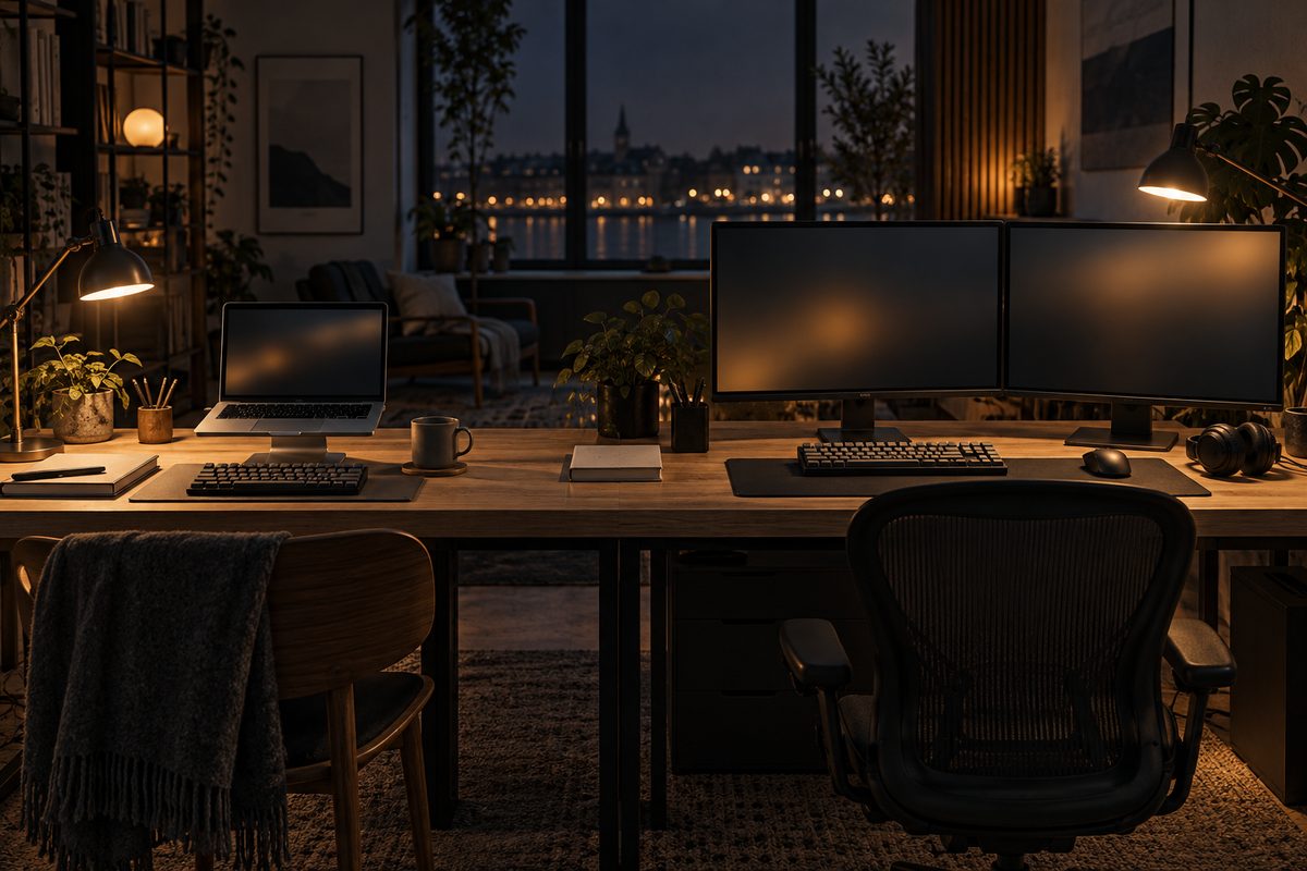 To kodearbeidsplasser står ved et vindu mot nattbyen: én med bærbar PC, den andre med to mørke skjermer og stort tastatur.