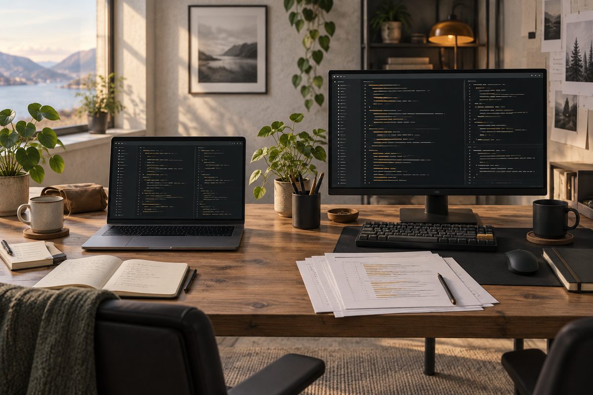 To skjermer med uleselige terminalvisninger står side om side på et trebord med tastatur, åpen notatbok og kodeutskrifter.
