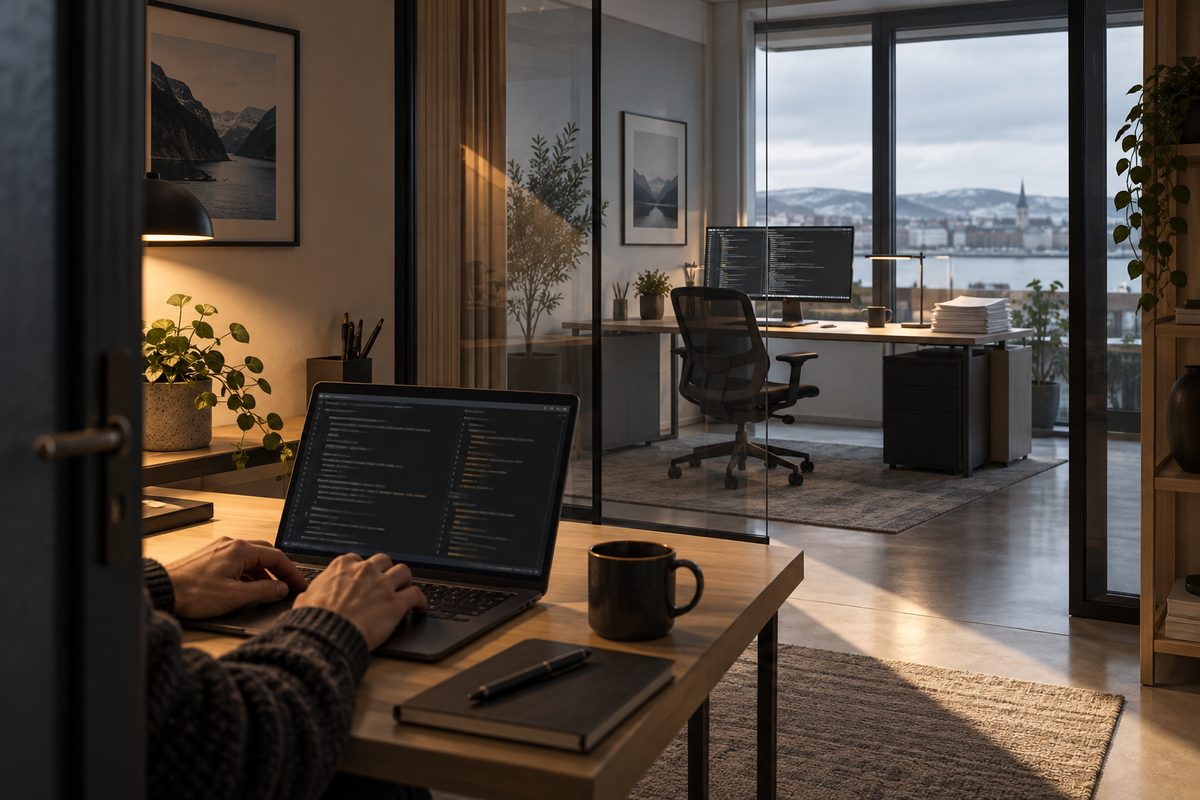 Hender skriver på en bærbar med mørk kodevisning, mens en tom arbeidsplass med skjerm og papirer står bak glassveggen.