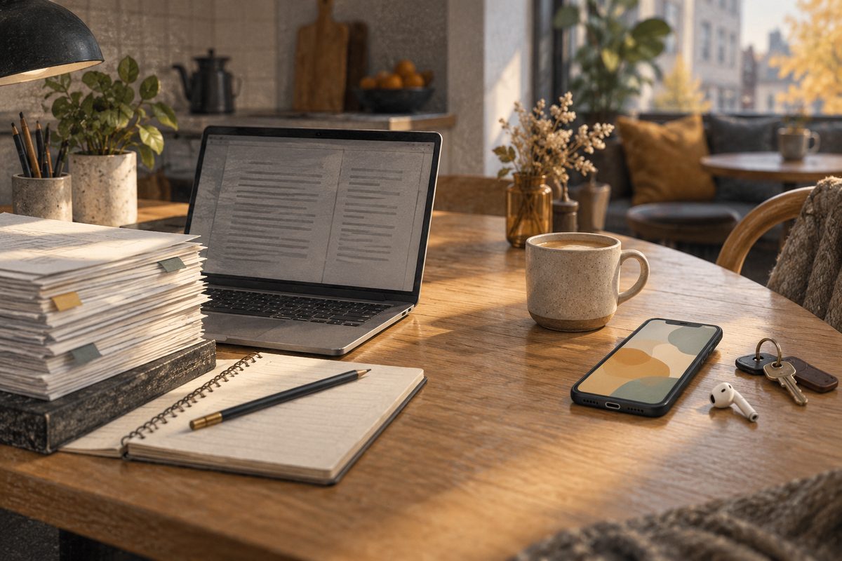 En laptop og en stabel fagpapirer står på den ene siden av bordet, mens mobil, kaffe og nøkler ligger på den andre.