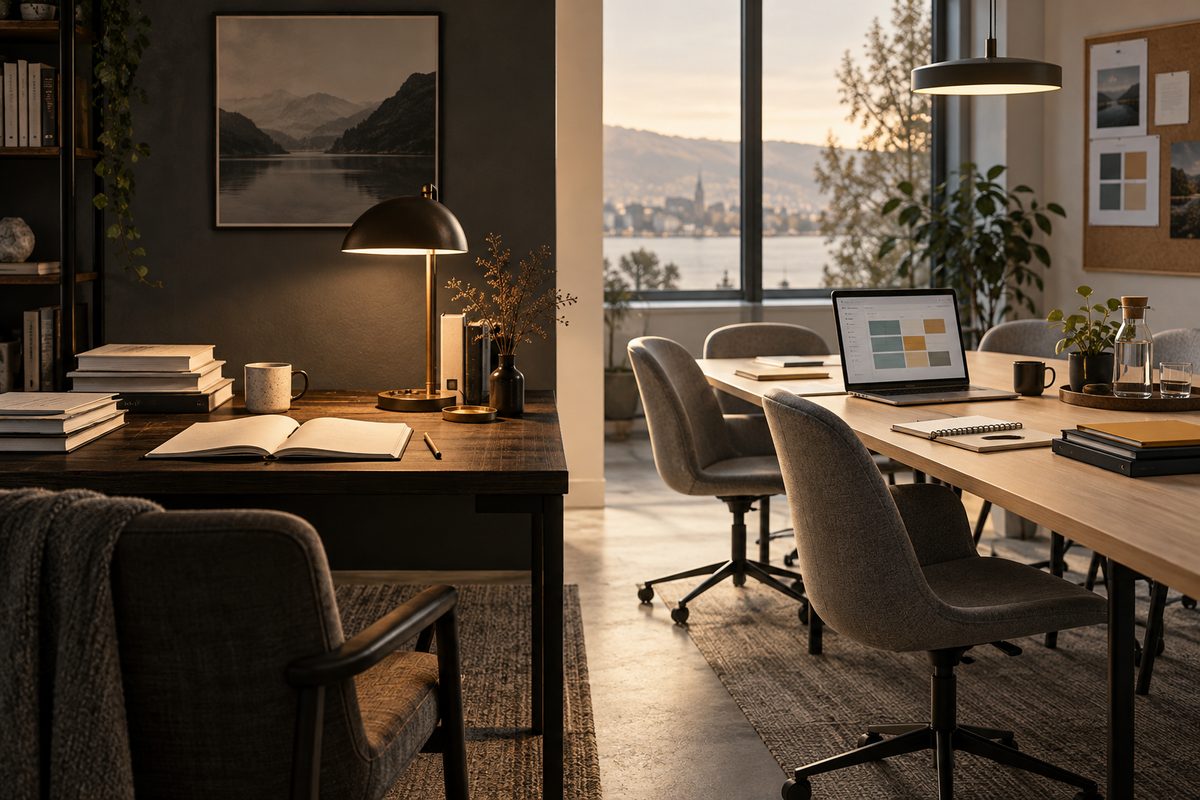Et mørkt skrivebord med åpne notater og bøker står mot et lyst møterom med bærbar skjerm og utsikt over fjorden.