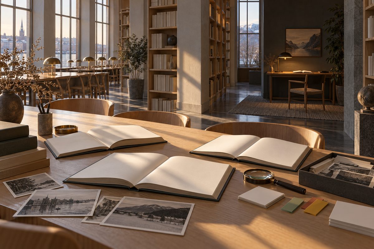 Åpne bøker og kildefotografier ligger på et langbord i et lyst bibliotek, med en rolig skriveplass i bakgrunnen.