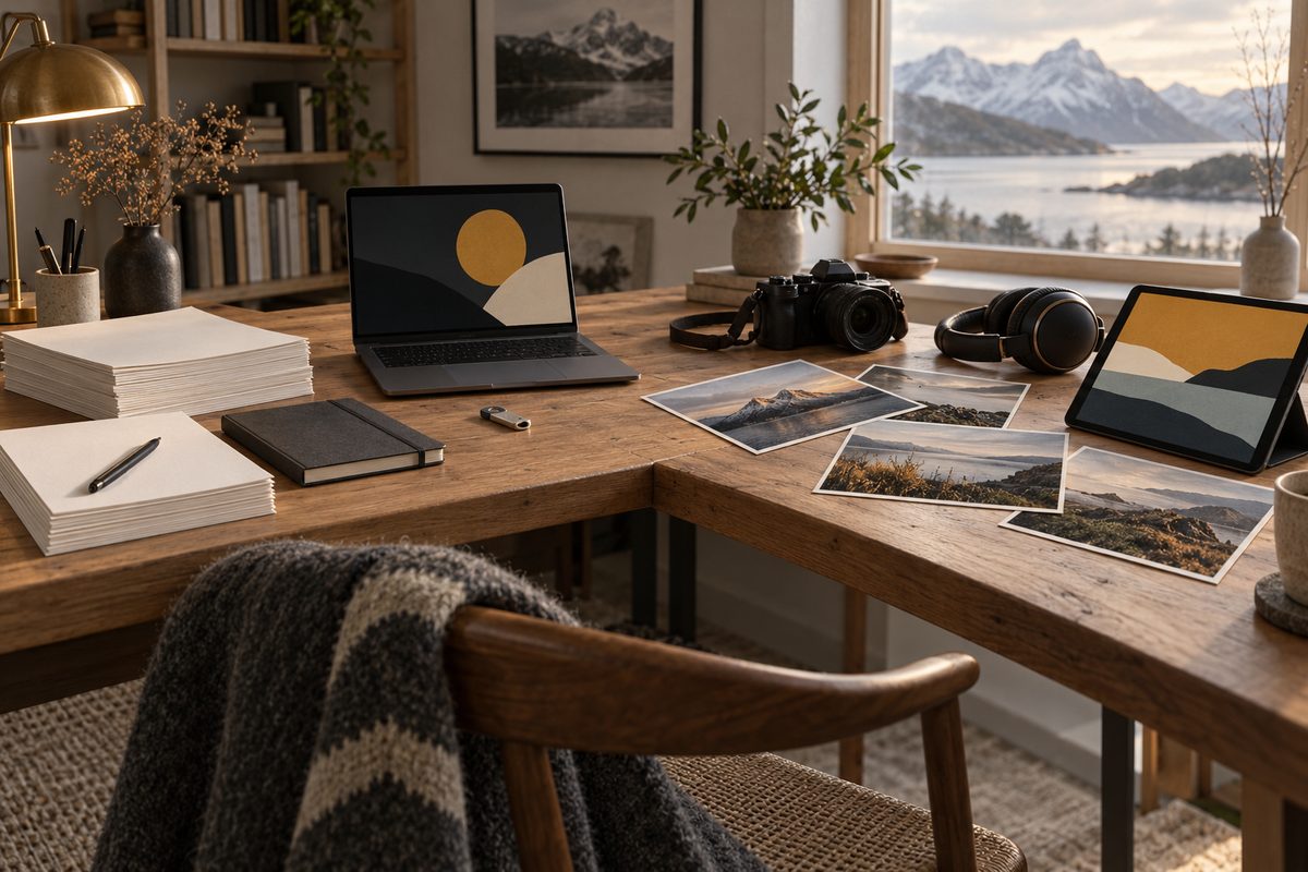 Blankt papir og en bærbar skjerm står ved siden av kamera, hodetelefoner, landskapsbilder og et nettbrett.