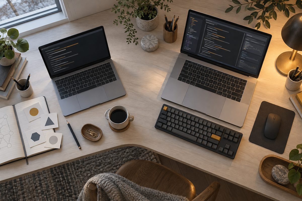 To bærbare med abstrakte mørke kodevisninger står på et lyst skrivebord sammen med tastatur, notatbok og kaffekopp.