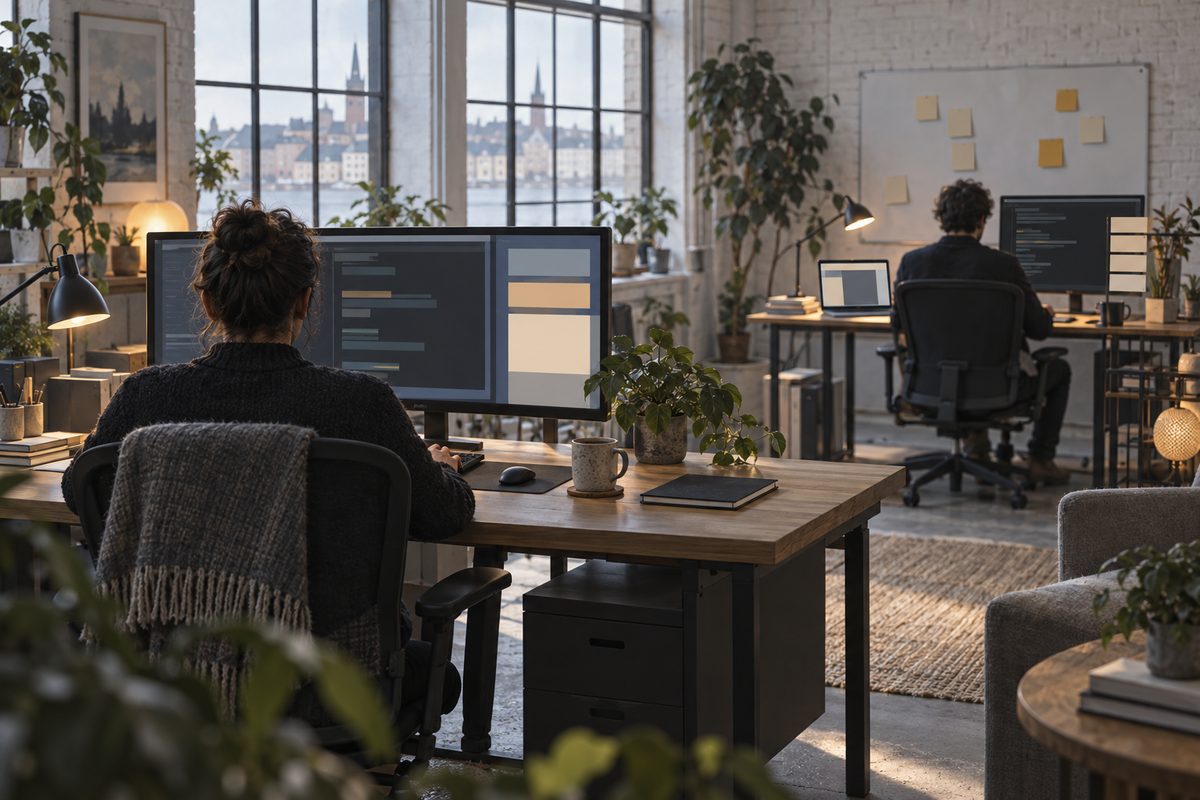 To utviklere arbeider ved separate skjermer i et nordisk kontor, med lys fra vinduene og blanke lapper på veggen.