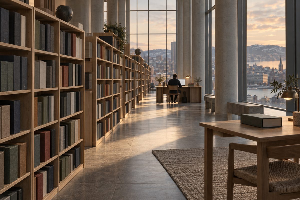 En liten utvikler sitter ved en bærbar innerst i et høyt arkivrom med lange hyller og utsikt over Oslo.