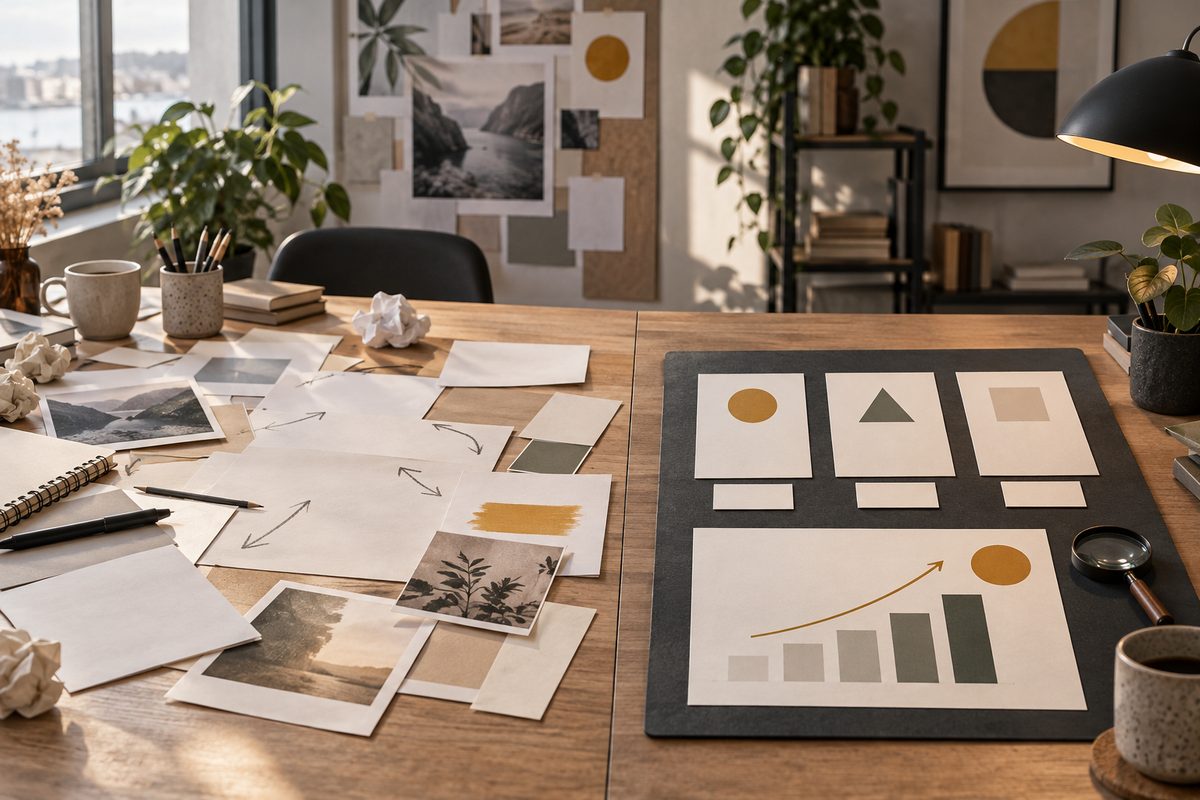 Et lyst markedsføringsstudio viser løse kampanjeutkast på den ene siden og et ryddig oppsett med en enkel resultatgraf på den andre.