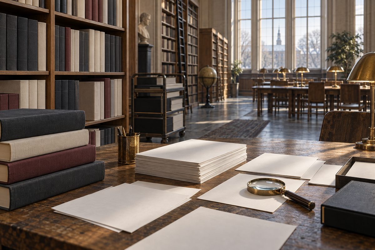 Blankbundne bøker i et universitetsbibliotek møter løse manuskriptsider og en lupe på et langbord i ettermiddagslys.