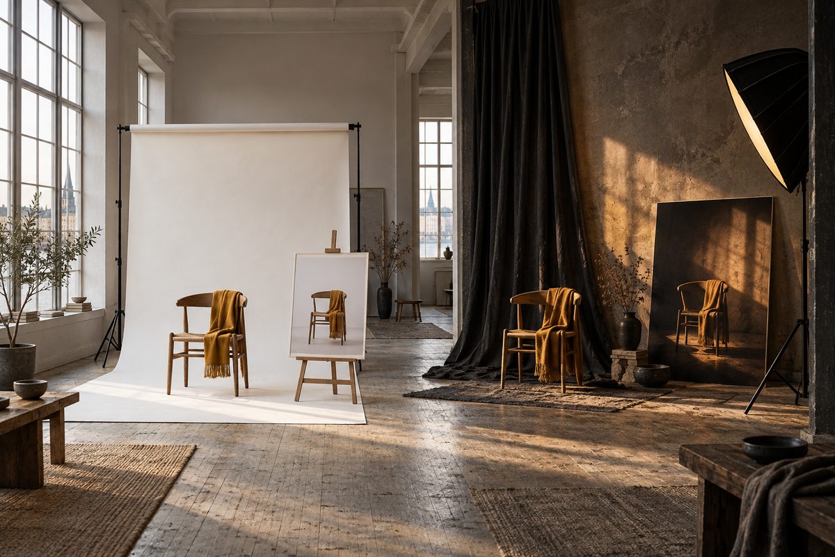 To stoler med gylne skjerf står i et fotostudio, den ene i jevnt dagslys og den andre foran mørke draperier i varmt sidelys.