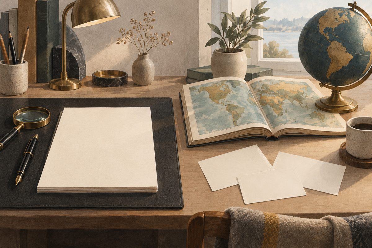 Et blankt manuskript med lupe og fyllepenn ligger ved siden av atlas, globus og tomme kort på et varmt arbeidsbord.