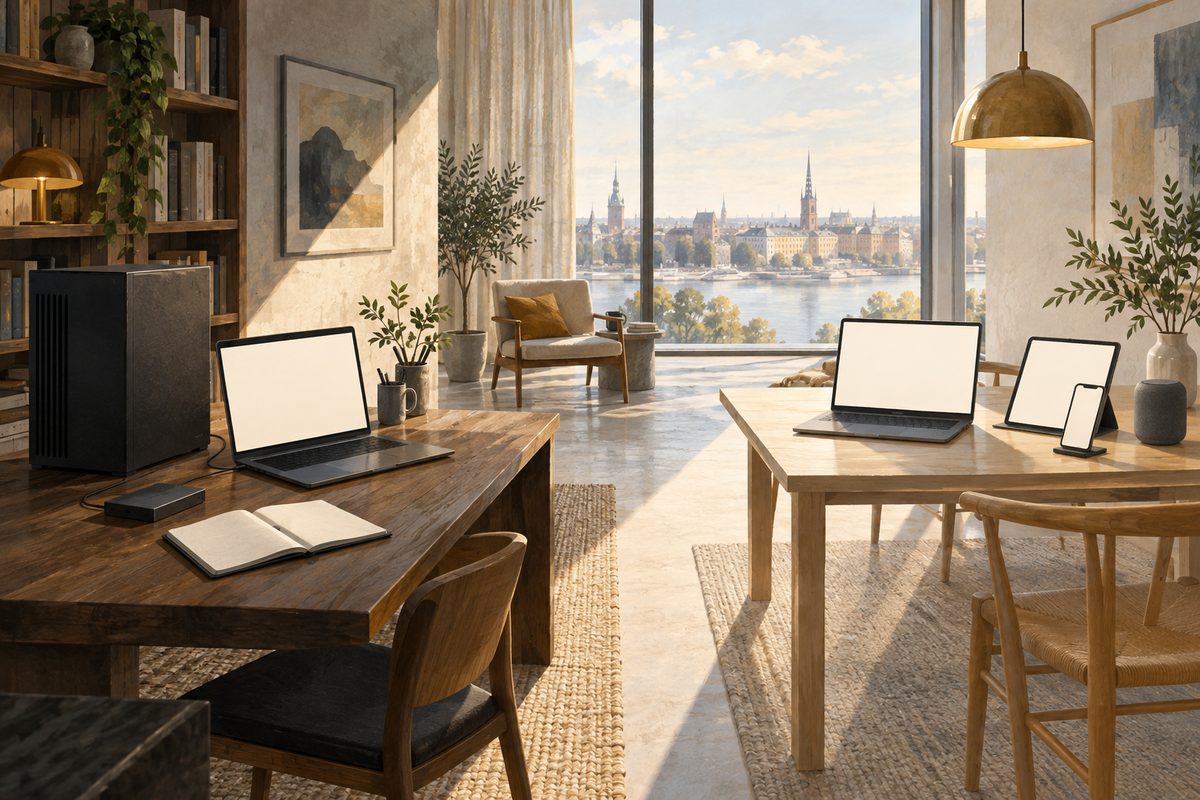 Et selvstendig skrivebord med stasjonær maskin står ved siden av et lyst arbeidsbord med bærbar PC, nettbrett og mobil.