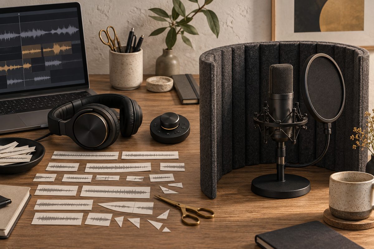 Hodetelefoner og papirstrimler med lydbølger ligger ved en bærbar PC, ved siden av en mikrofon med popfilter og lydskjerm.