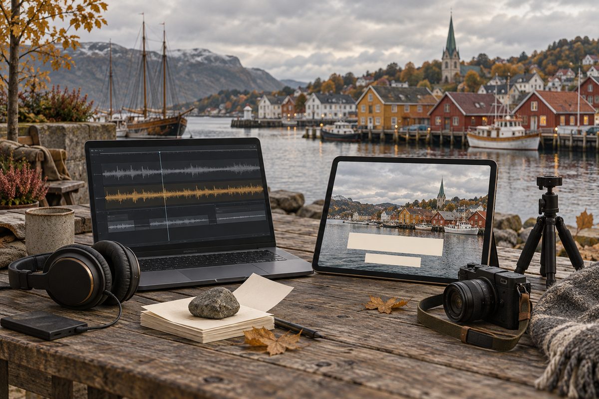 Bærbar PC, hodetelefoner, nettbrett og kamera står på et trebord ved en nordisk havn med båter og trehus i bakgrunnen.