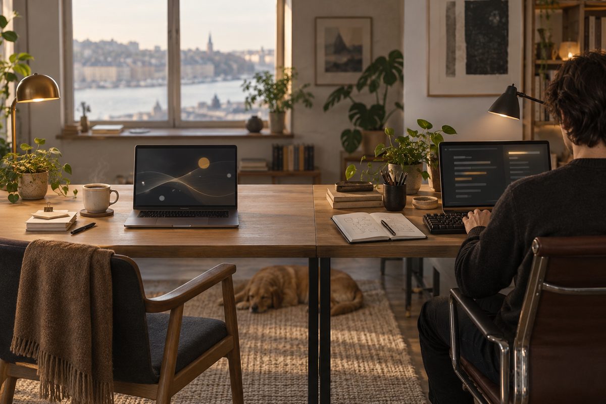 En åpen laptop står alene på skrivebordet ved siden av en kaffekopp, mens en utvikler arbeider ved terminalen med notatbok og tastatur.