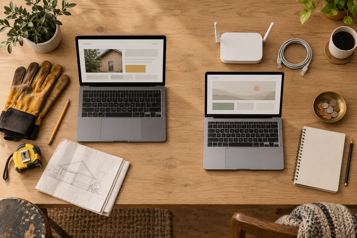 En håndverkers målebånd, hansker og plantegning ligger ved siden av en laptop; router, kabel og en enkel laptop ligger på motsatt side.