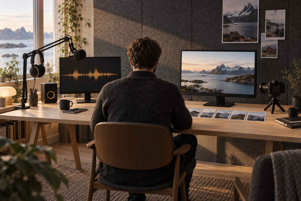 En person sett bakfra ved to skjermer med lydbølge og kystlandskap, omgitt av mikrofon, kamera og små landskapsbilder.