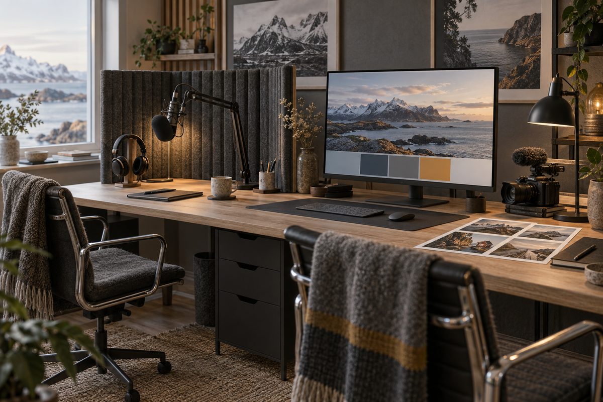 To arbeidsplasser i et nordisk studio har mikrofon og hodetelefoner til venstre, og skjerm, kamera og fotografier til høyre.