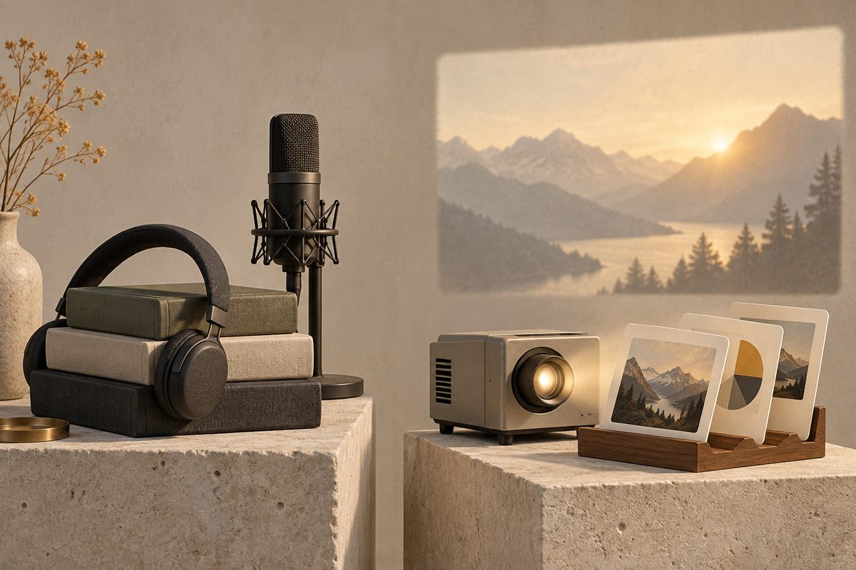 Bøker, hodetelefoner og mikrofon står ved siden av en projektor og presentasjonskort, med fjellmotiv projisert på veggen.