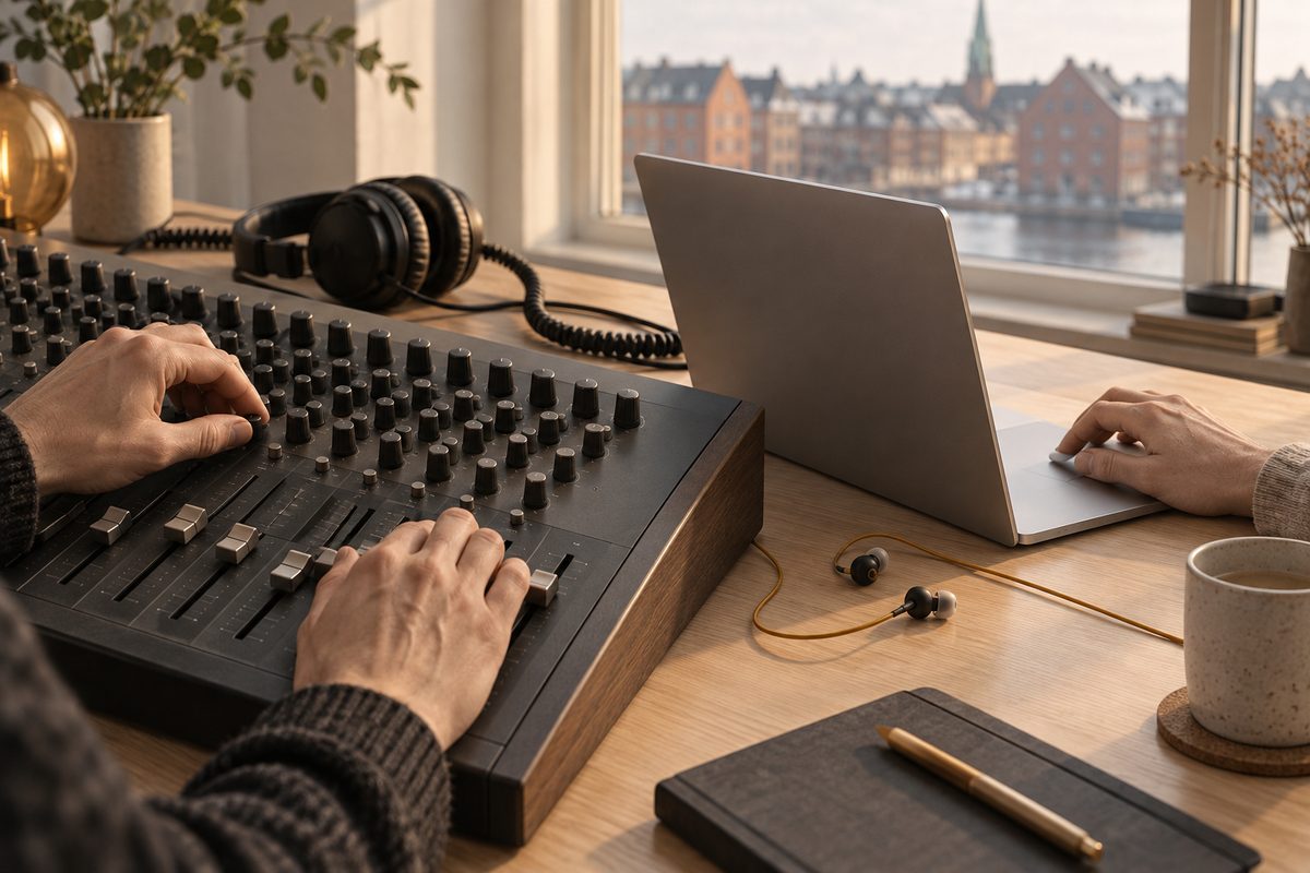 Hender justerer et stort miksebord ved siden av en hånd på en bærbar datamaskin, med hodetelefoner og ørepropper på bordet.