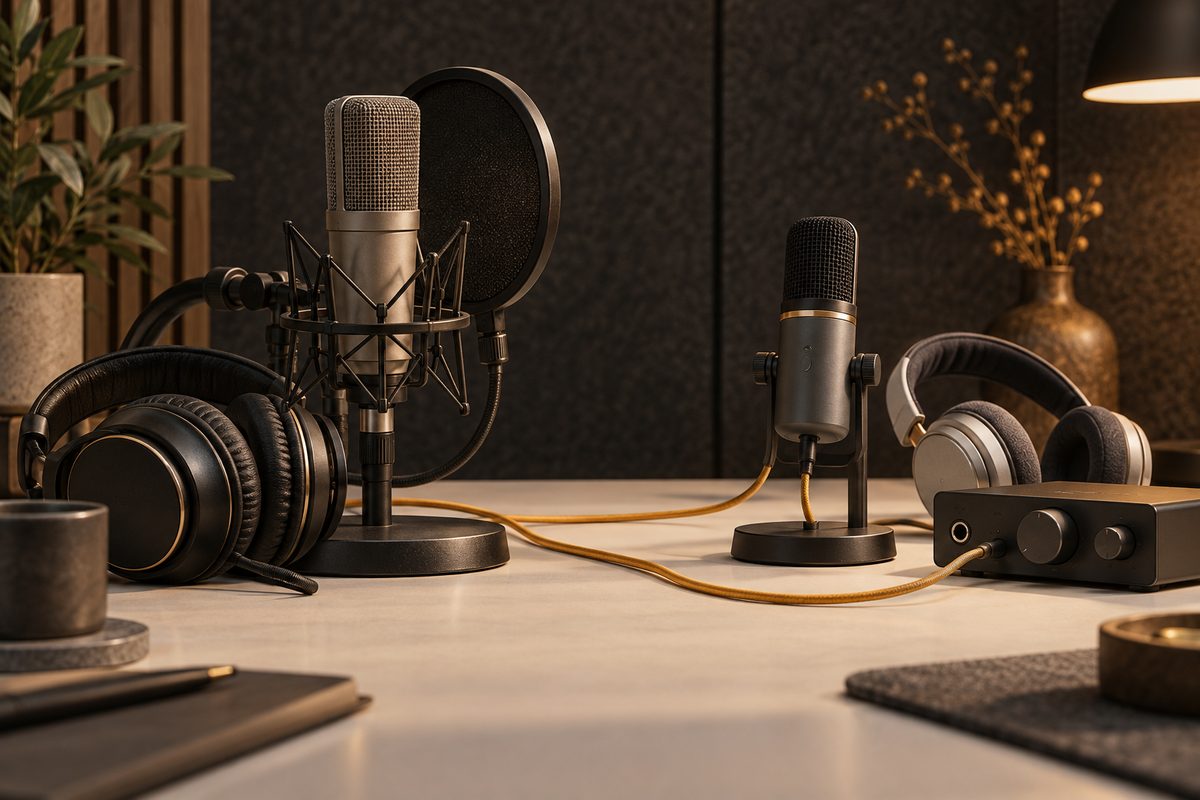 To ulike mikrofoner med hodetelefoner står side om side på et lyst studiobord med et lite lydkort og gylne kabler.