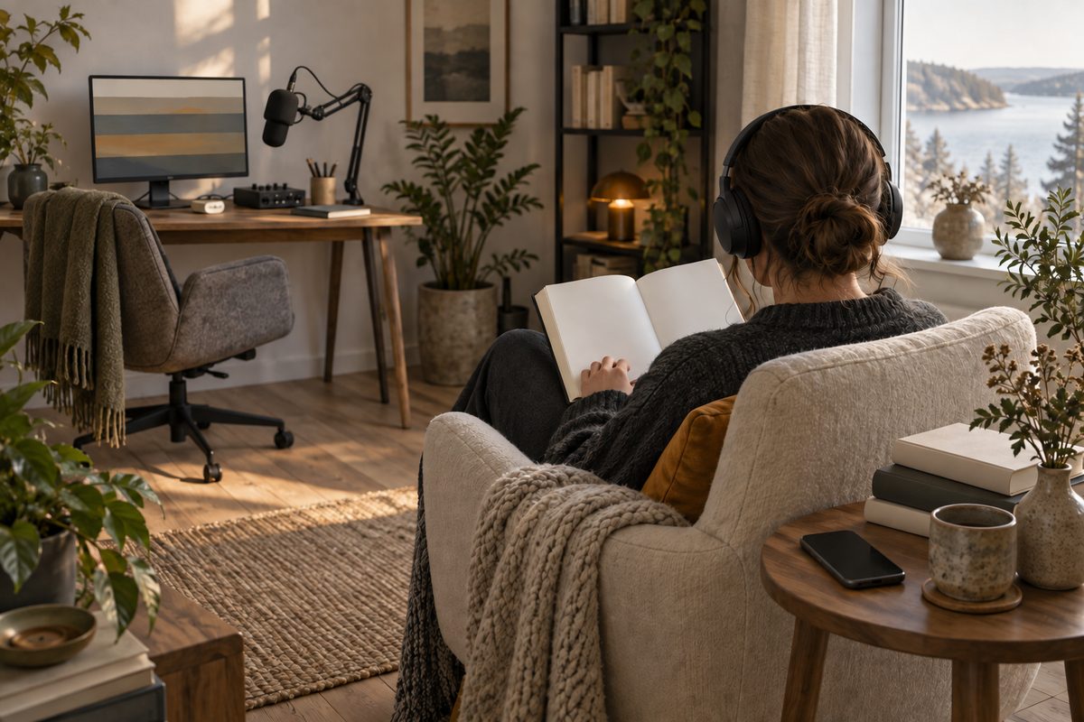 En person sett bakfra sitter med hodetelefoner og en åpen bok ved siden av en arbeidsplass med mikrofon og skjerm.