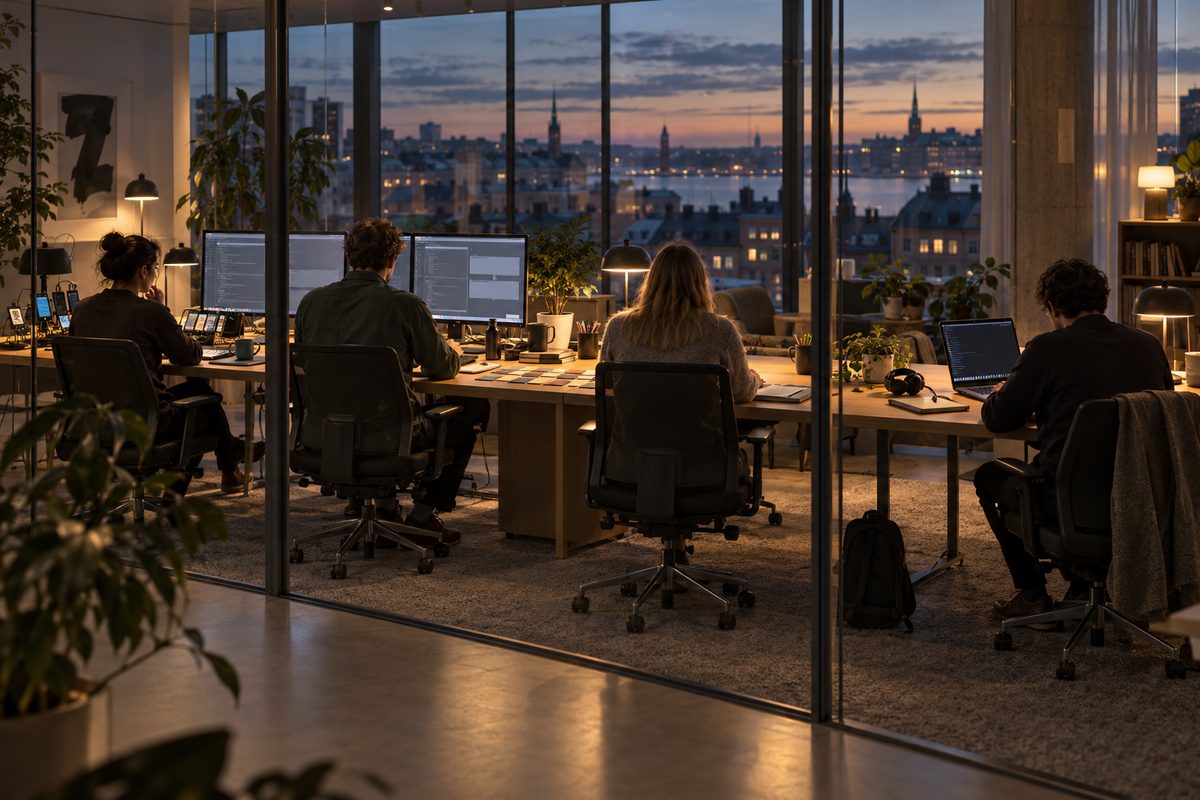 Utviklere sitter med ryggen til i et glasskontor ved flere skjermer, mens byen lyser i skumringen utenfor vinduene.
