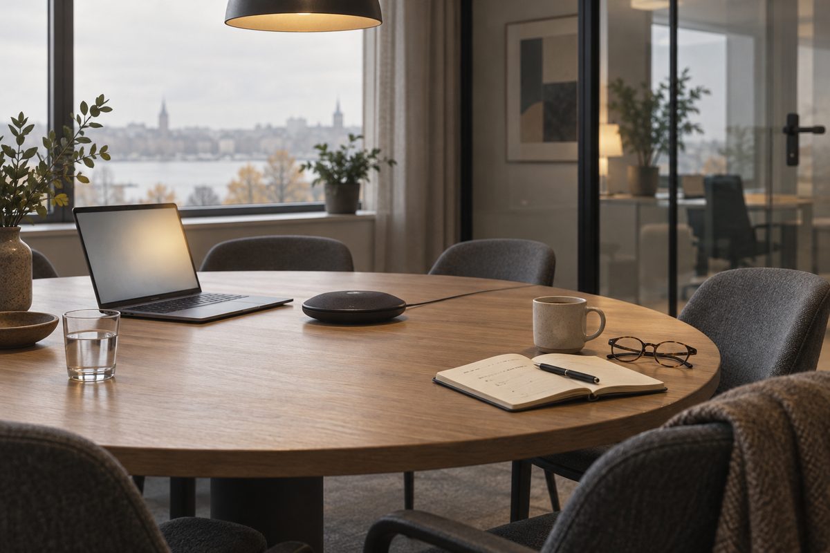 En laptop og en rund konferansehøyttaler står på et tomt møteromsbord ved siden av kaffekopp, briller og åpen notatbok.