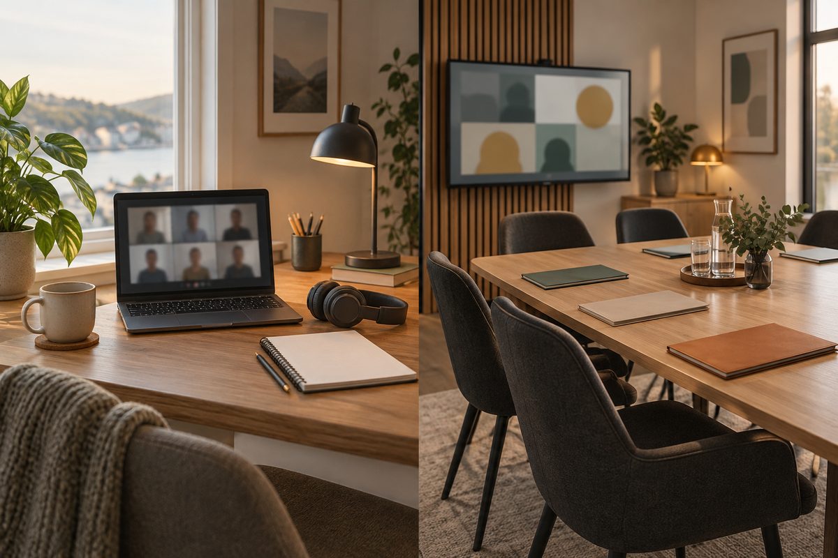 Et hjemmekontor med bærbar møtevisning og hodetelefoner står side om side med et møterom med skjerm, stoler og mapper.